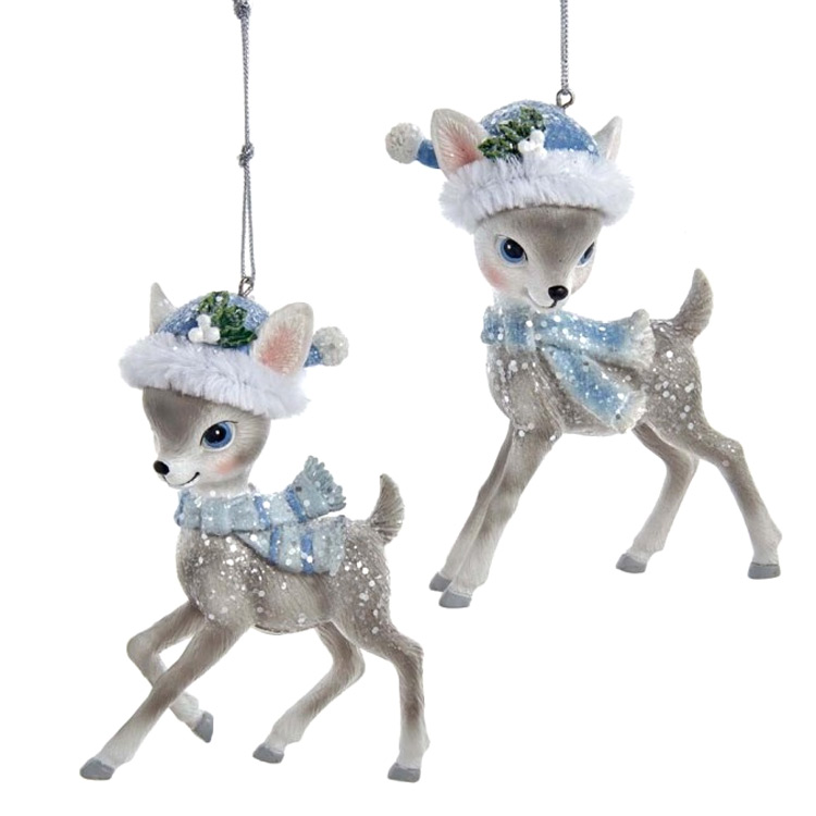 4.25" Resin Gray Deer with Blue Santa Hat + Blue & Gray Scarf On