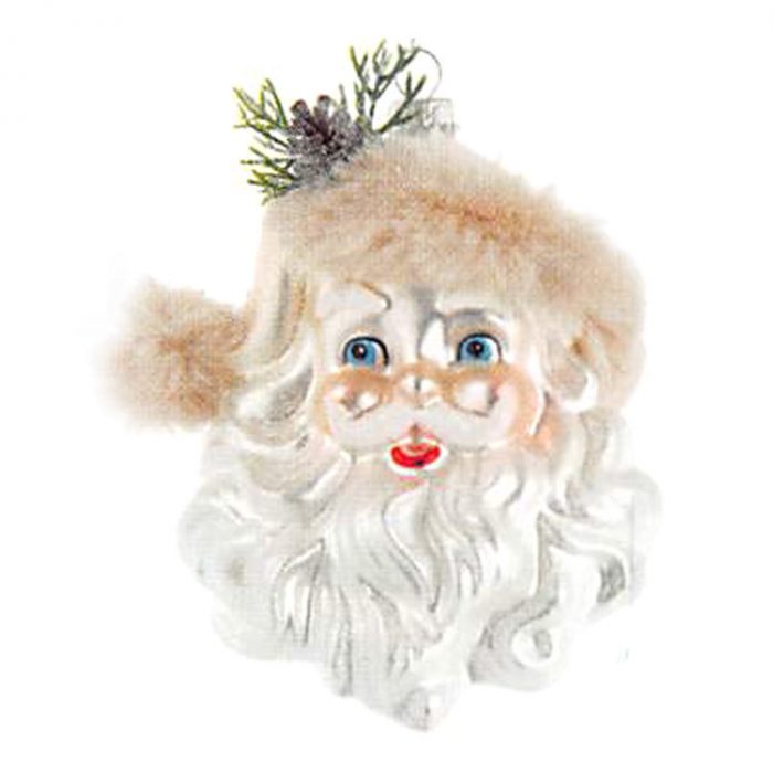 5.13" Glass Santa Head Wearing Ivory Hat with Light Brown Fur & Greenery Ornaments