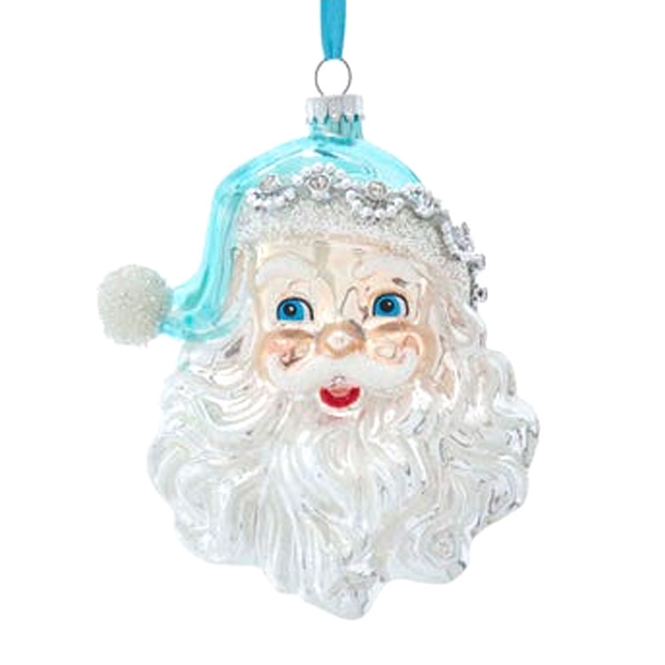 Blue & Silver Glass Santa Ornament 4.75x3.25x5"