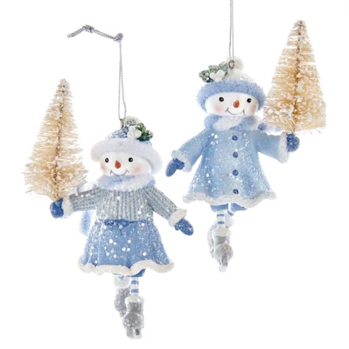 Resin Blue Ice Skating Snowgirl Holding Ivory Brush Tree Ornament